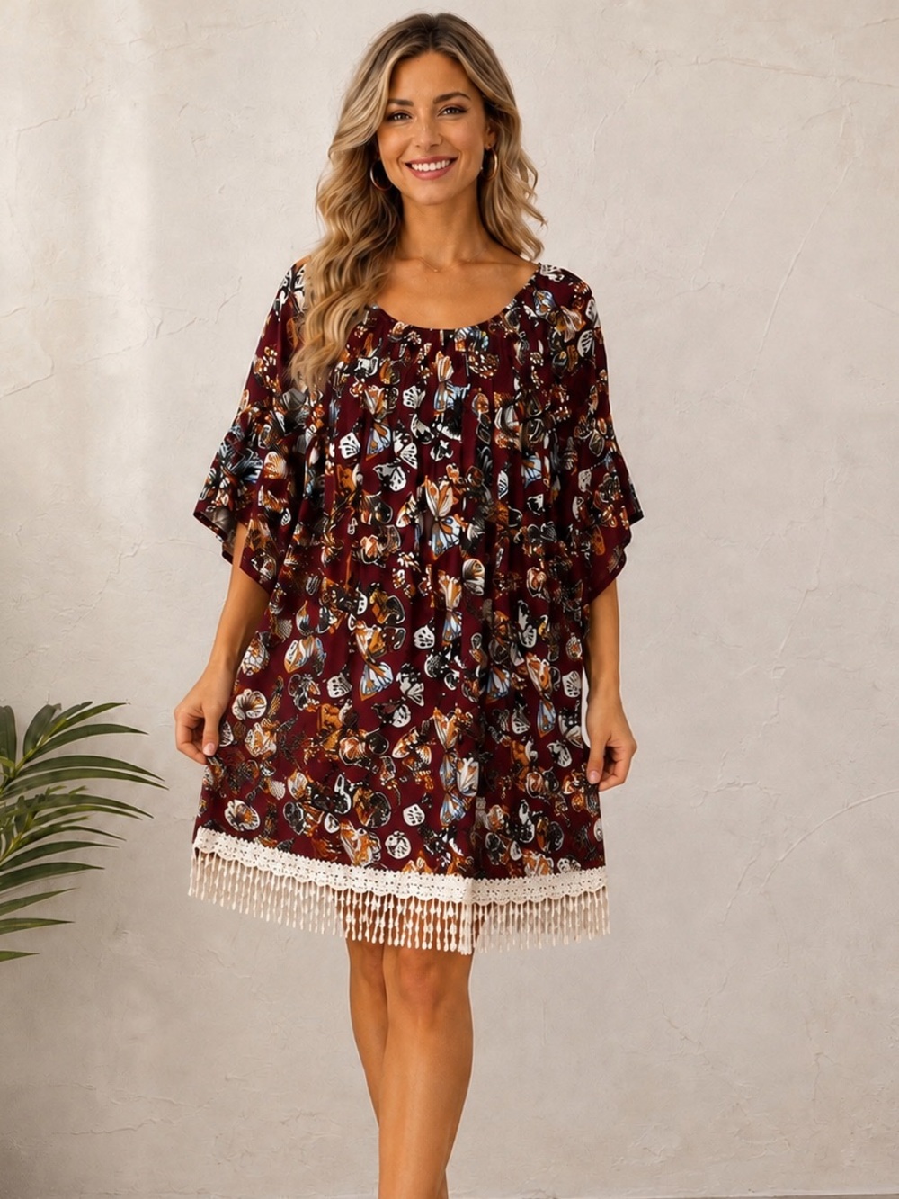 Hayden Burgundy Floral Fringe Hem Mini Dress